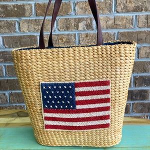 Straw Handbag With Woven American Flag